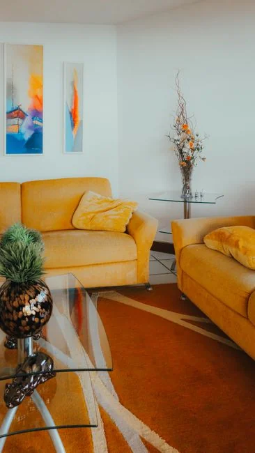 Canapé et lampadaire recouverts d'un drap, avec des cartons emballés dans une pièce claire et spacieuse d'une maison contemporaine neuve